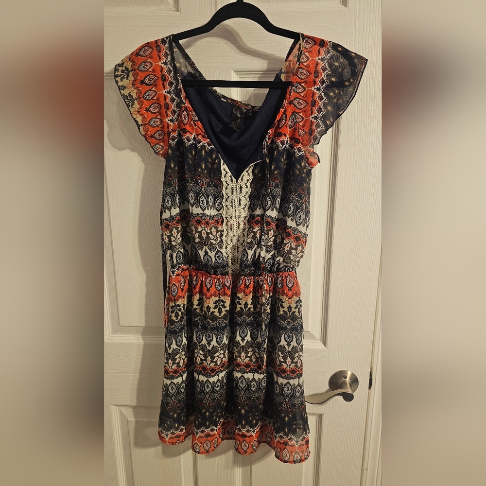 Vibrant Patterned Mini Dress - Orange and Blue
